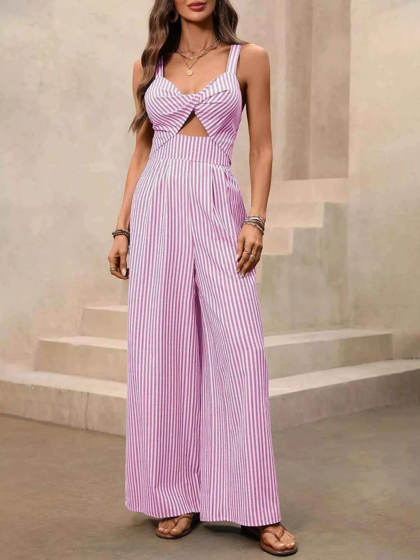 Striped Cutout Twist Front Wide Leg Jumpsuit Trendsi