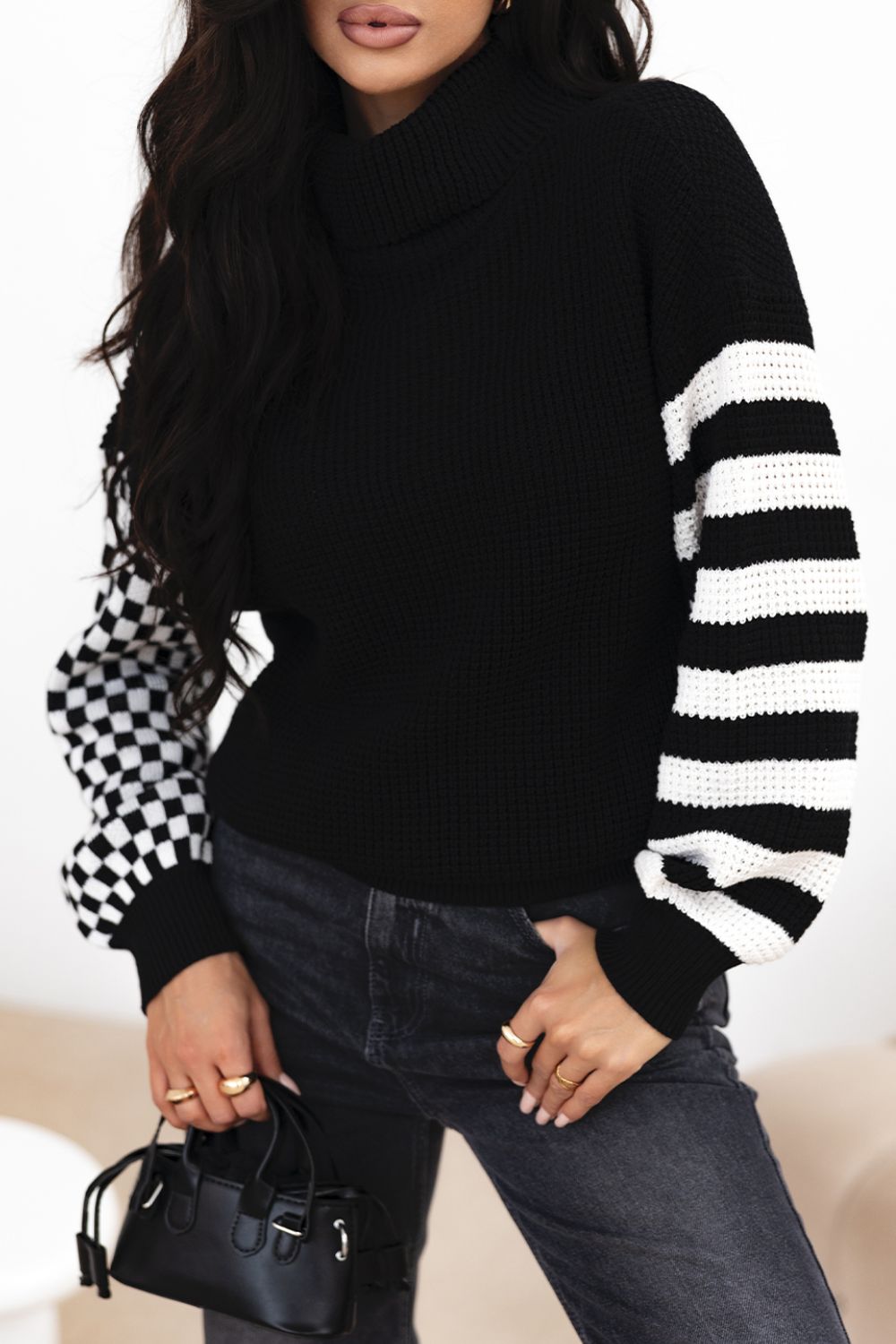 TEEK - Striped & Checkered Turtleneck Dropped Shoulder Sweater TOPS TEEK Trend