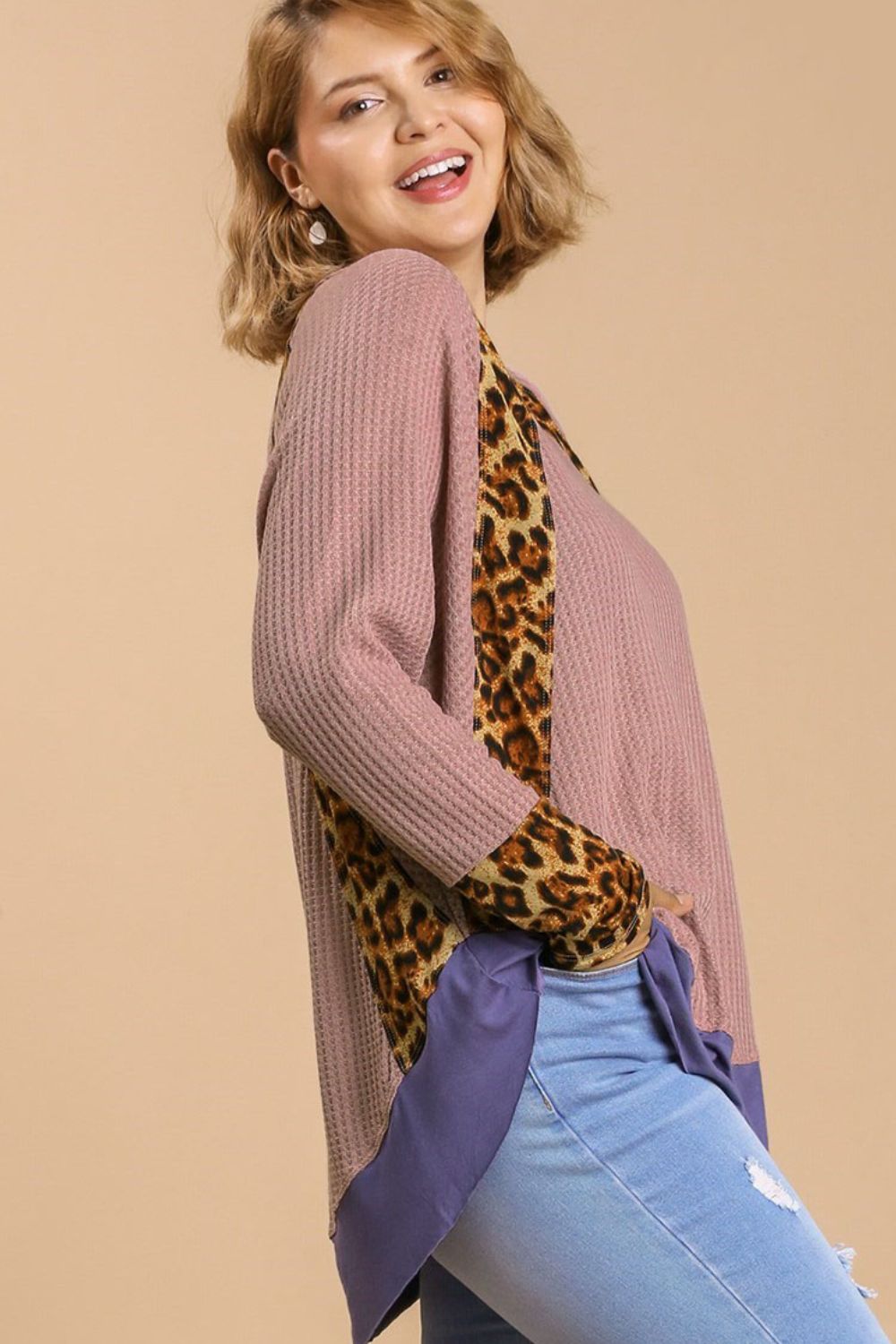 TEEK - Dusty Pink Leopard High-Low Dolman Sleeve Waffle Knit Top TOPS TEEK Trend