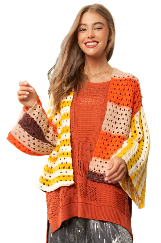 TEEK - Yellow Orange Mesh Open Front Striped Cardigan SWEATER TEEK Trend S