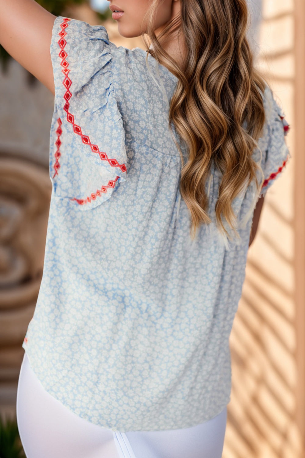 TEEK - Embroidered Misty Blue Cap Sleeve Blouse TOPS TEEK Trend   