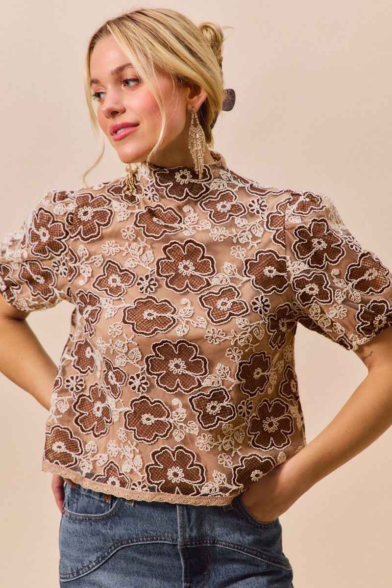 SO ME Texture Floral Mesh Top With Back Button Closure Trendsi