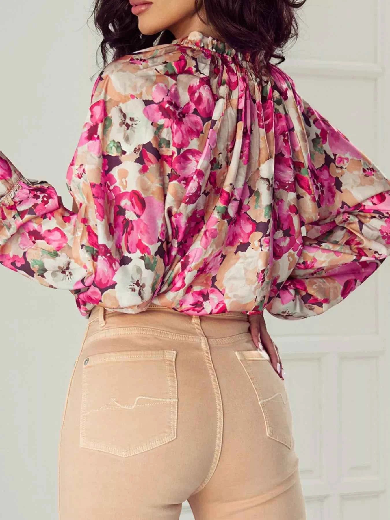 TEEK - Floral Print Ruffle Trim Long Sleeve Shirt TOPS TEEK Trend