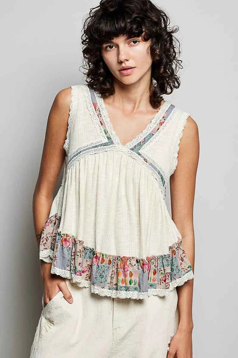 TEEK - Lace Detail Ruffled Ribbed Sleeveless Floral Top TOPS TEEK Trend