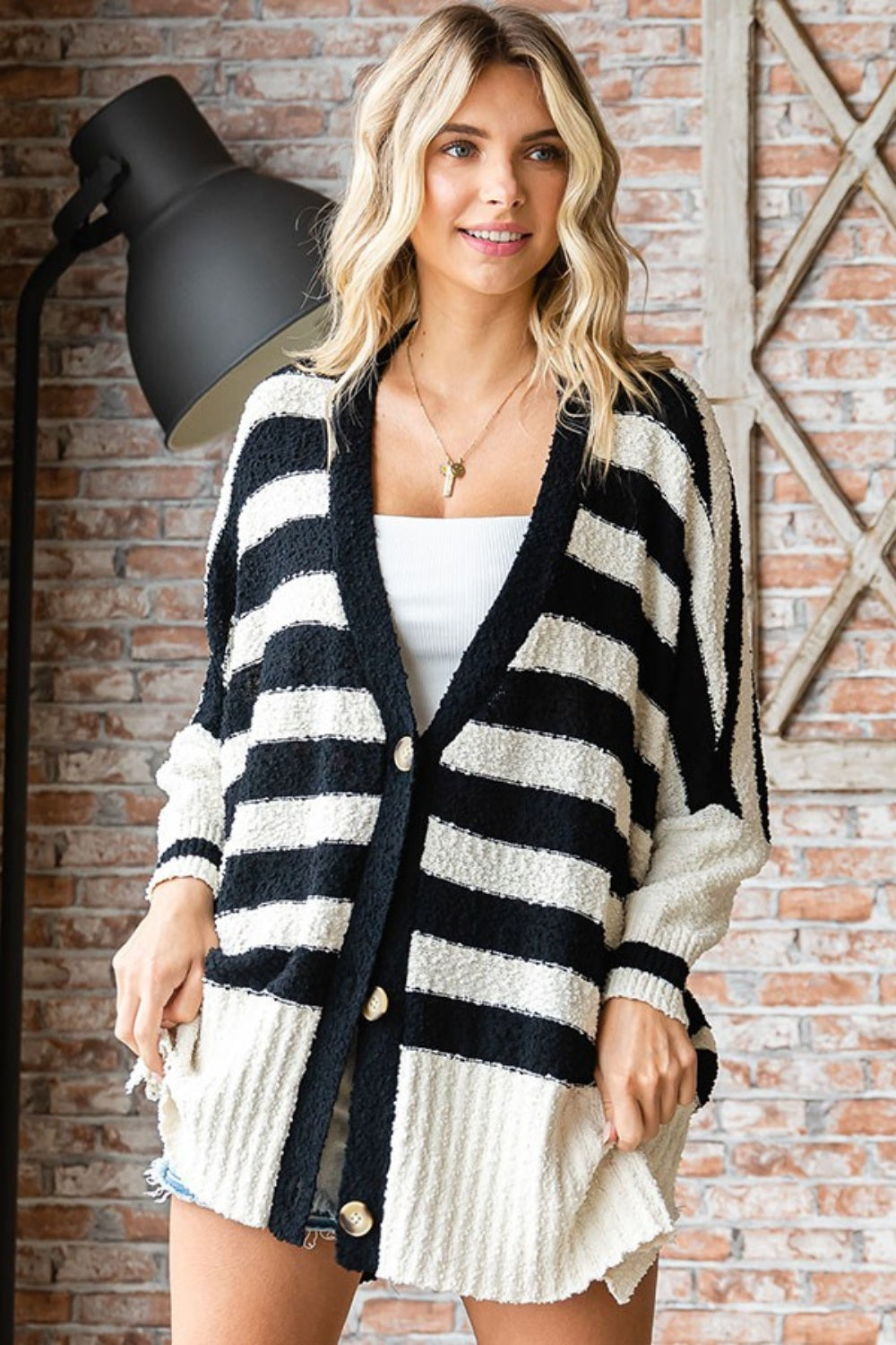 TEEK - Black Textured Striped Button Down Cardigan SWEATER TEEK Trend   