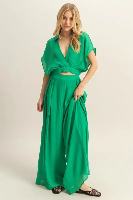 TEEK - Green Kimono Sleeve Crop Top Wide Leg Pants Set SET TEEK Trend