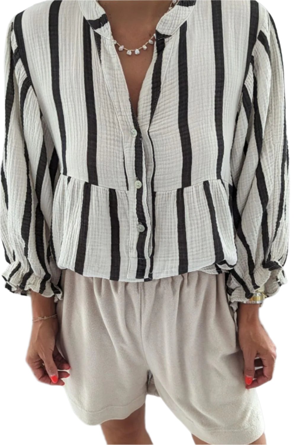 TEEK - Striped Notched Three-Quarter Sleeve Blouse TOPS TEEK Trend White S