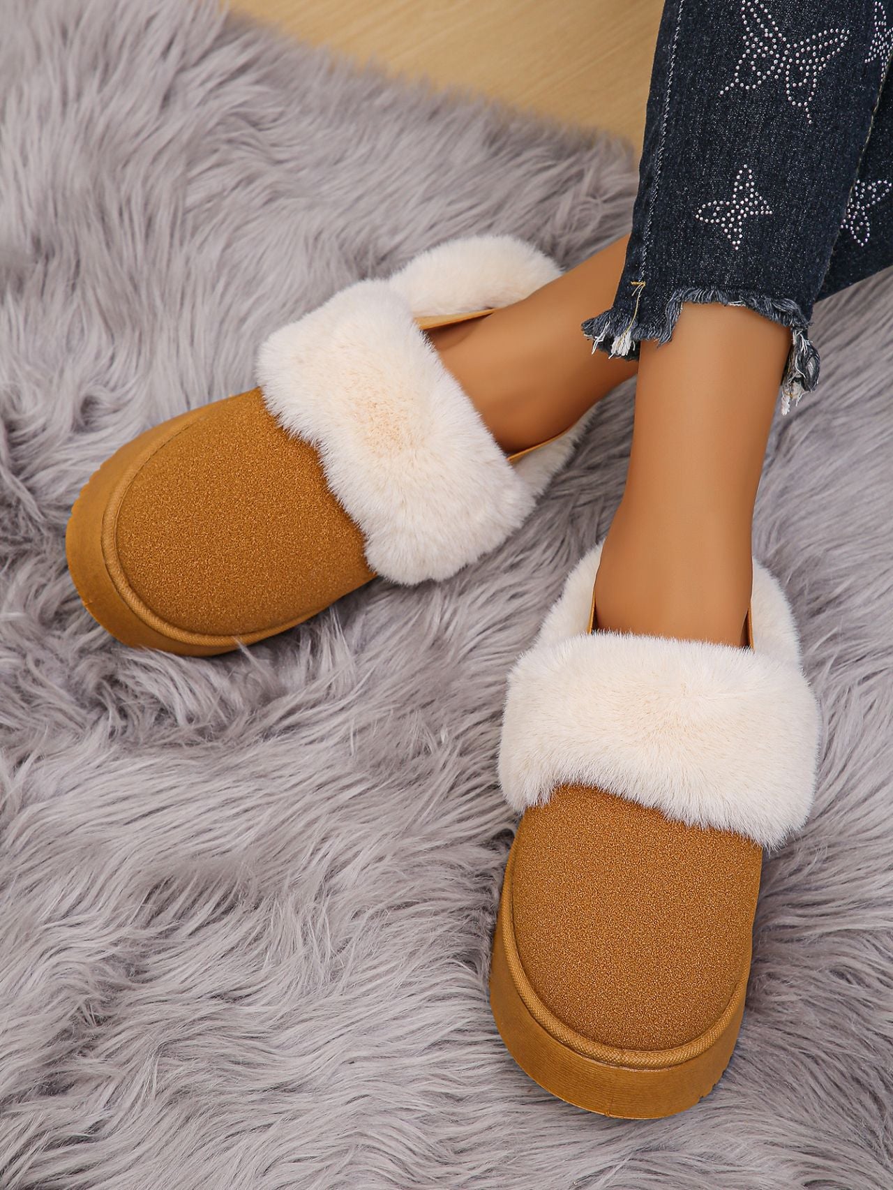 TEEK - Faux Fur Round Toe Platform Slippers SHOES TEEK Trend Caramel 6