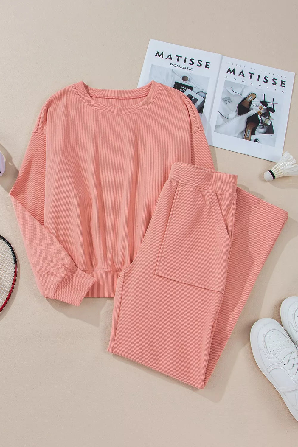 Ribbed Round Neck Top and Pants Set Trendsi