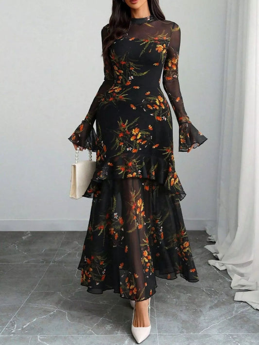 TEEK - Floral Print Flounce Sleeve Mermaid Maxi Dress DRESS TEEK Trend