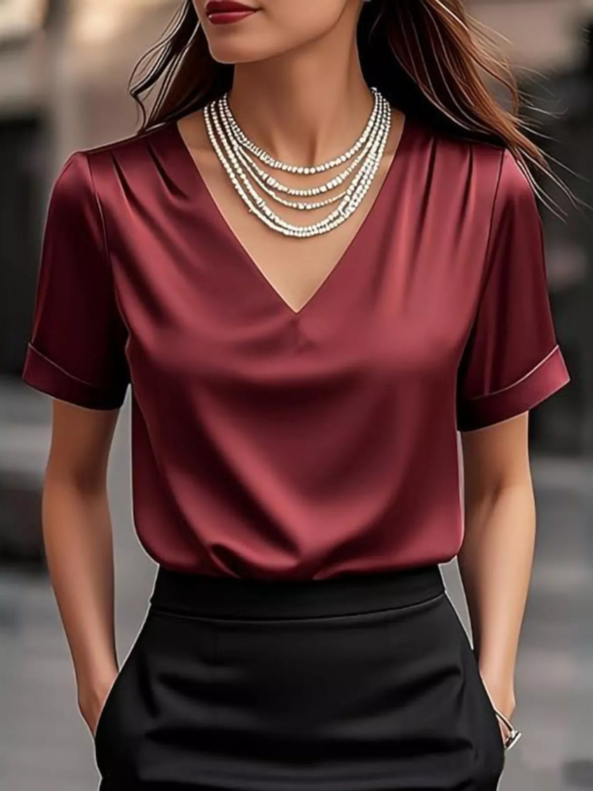 Elegant V-Neck Short Sleeve Ruched Top Trendsi Burgundy S