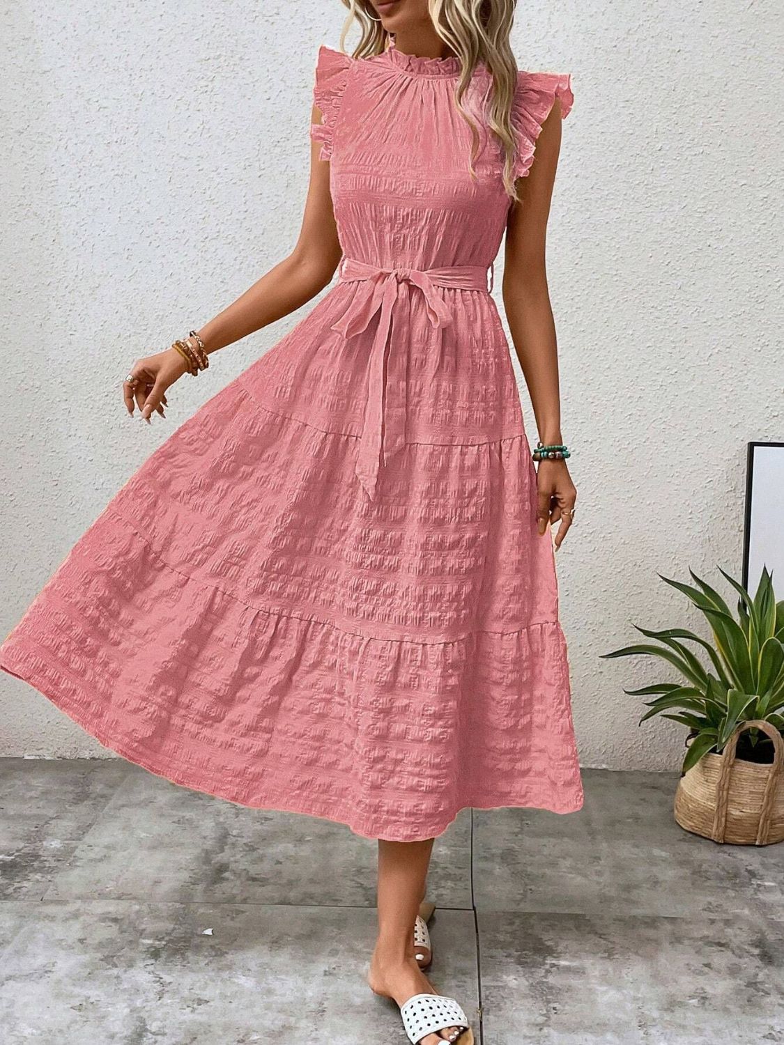 TEEK - Tied Ruffled Cap Sleeve Belted Dress DRESS TEEK Trend Burnt Coral S 