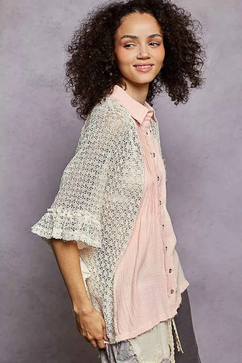 TEEK - Button Down Front Pleated Shirt with Crochet Patch TOPS TEEK Trend