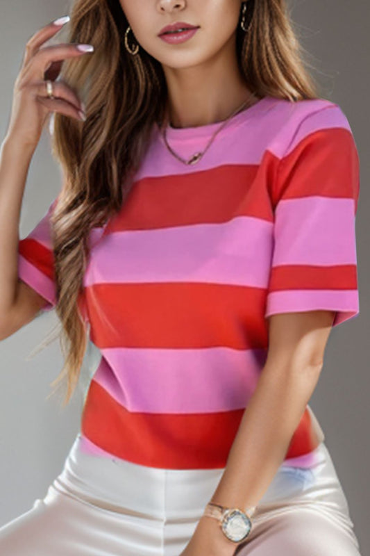 TEEK - Carnation Pink Color Block Striped Short Sleeve T-Shirt TOPS TEEK Trend M  