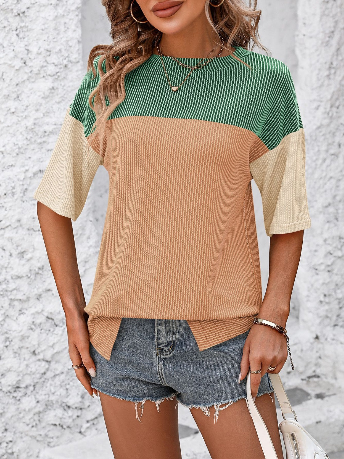 TEEK - Tri-Color Block Round Neck Half Sleeve T-Shirt TOPS TEEK Trend Green/Orange S 