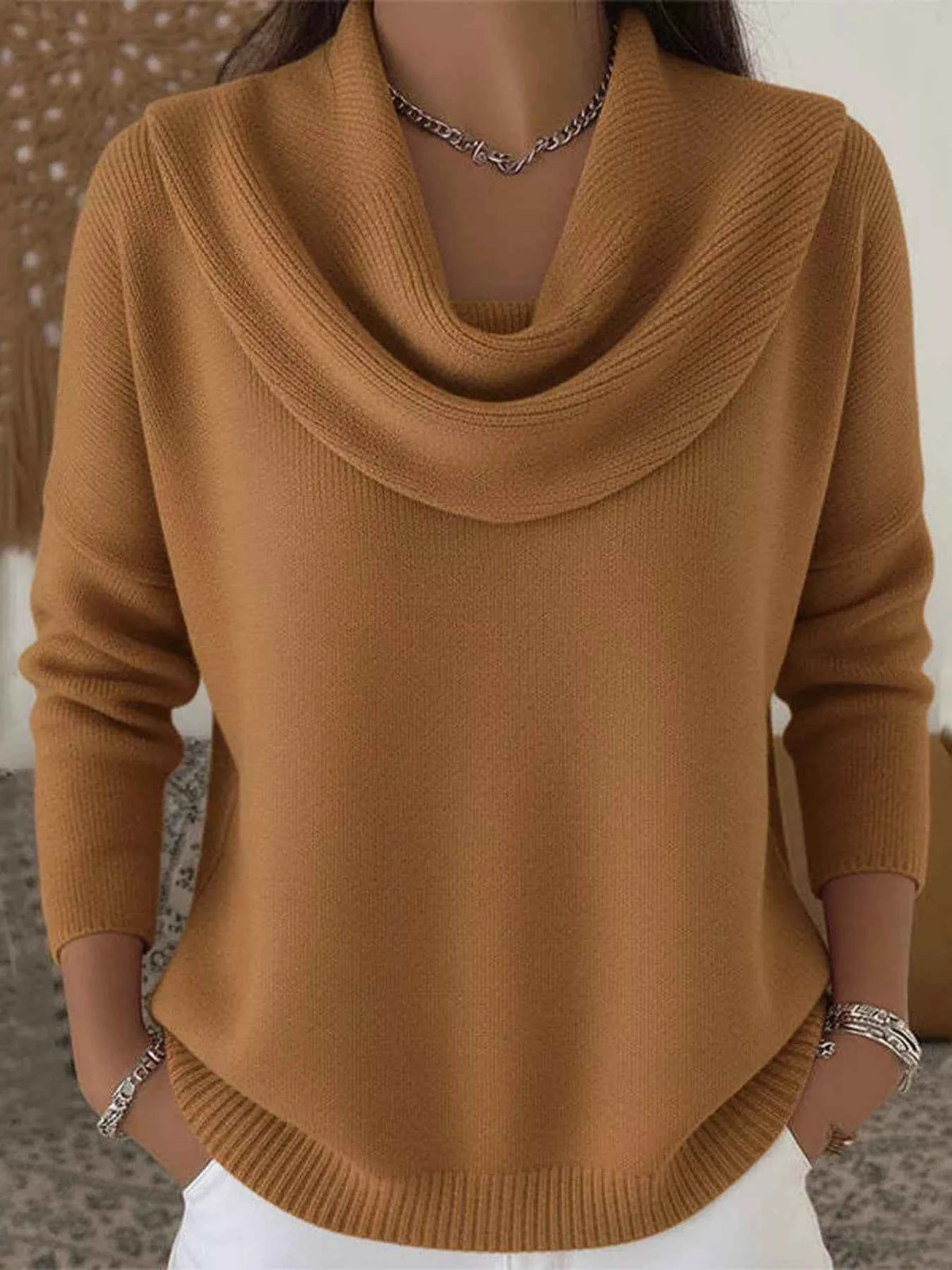 Drape Neck Long Sleeve Knit Top Trendsi Brown S