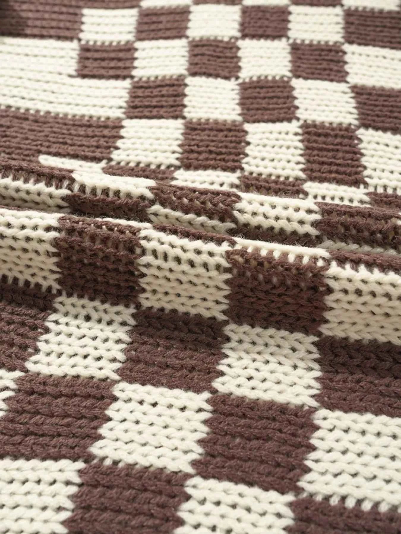 Checkerboard Pattern Sweater Cardigan Trendsi