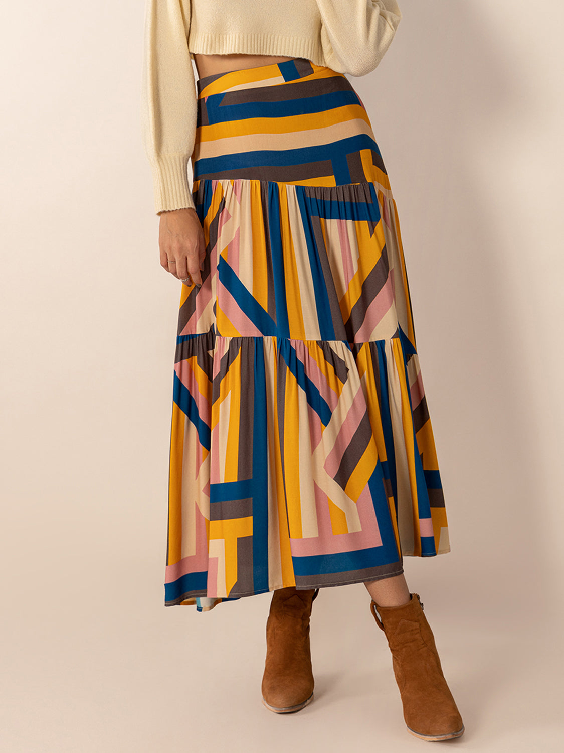 Ruched Elastic Waist Contrast Midi Skirt TEEK Trend