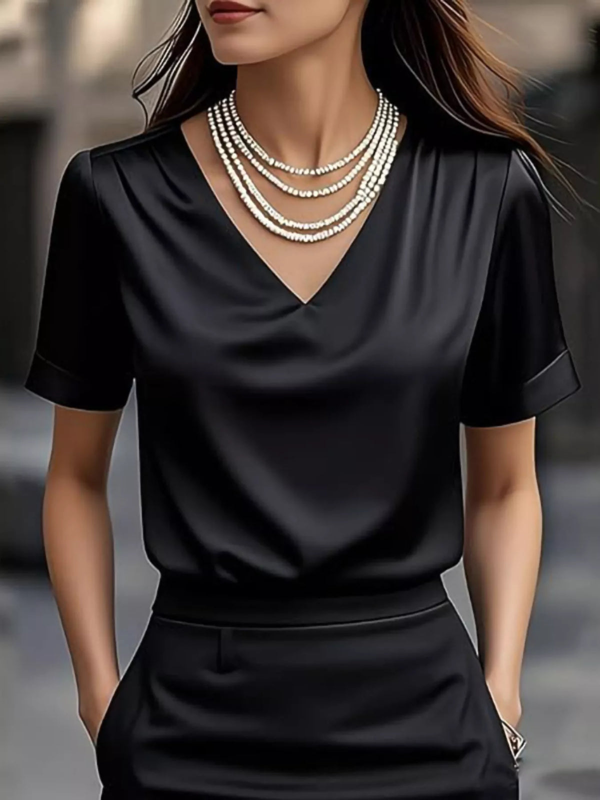 Elegant V-Neck Short Sleeve Ruched Top Trendsi Black S