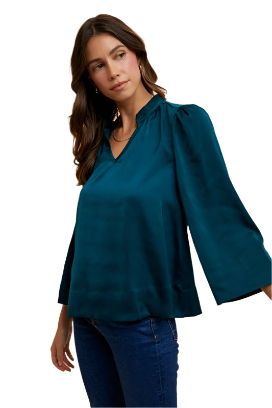 TEEK - Deep Teal Satin Notched Three-Quarter Sleeve Blouse TOPS TEEK Trend Deep Teal S