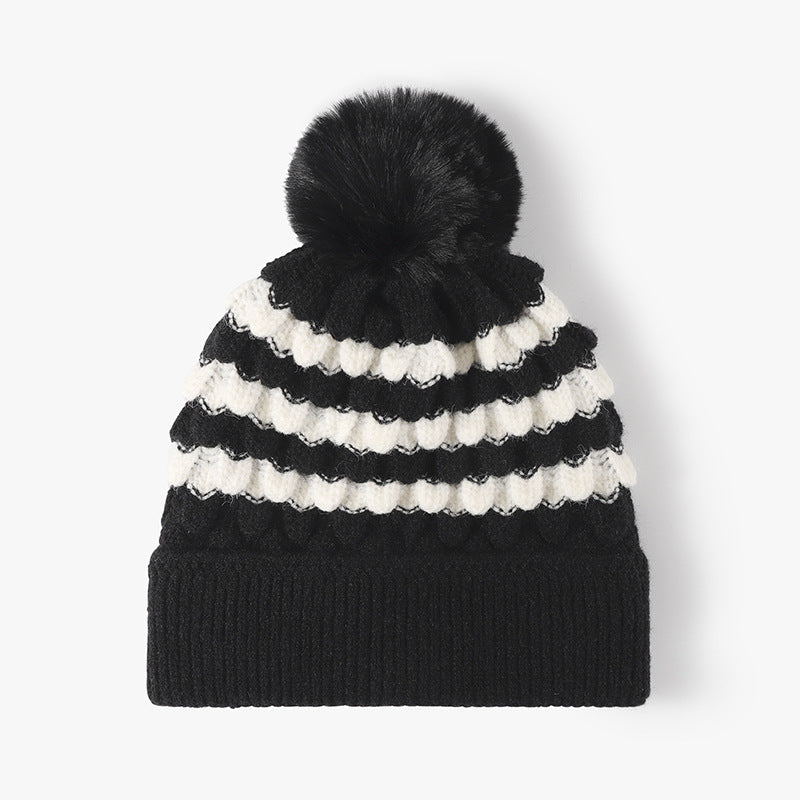 TEEK - Striped Contrast Knit Hat with Pom-pom HAT TEEK Trend Black