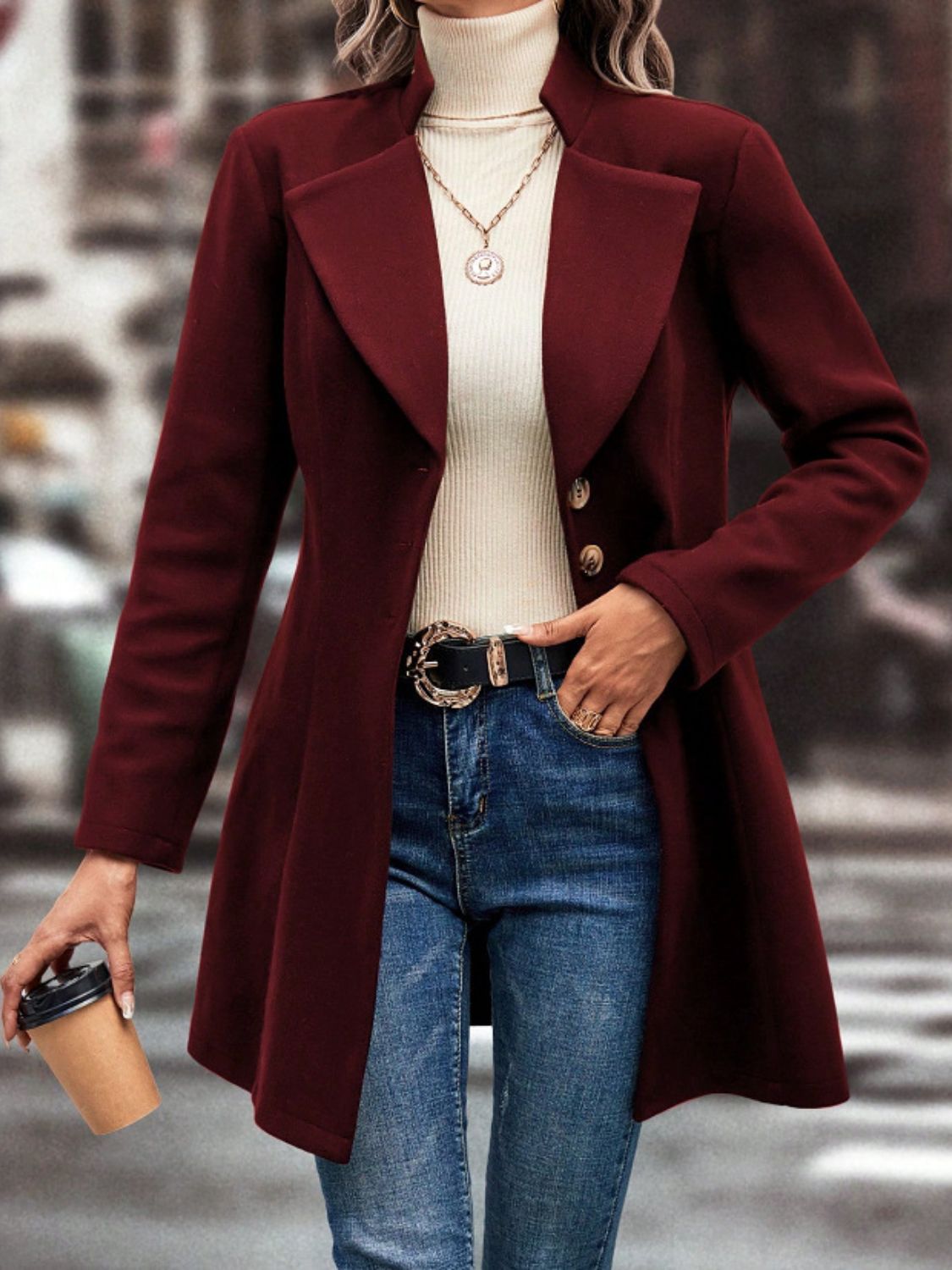 Collared Neck Button Up Long Sleeve Coat TEEK Trend