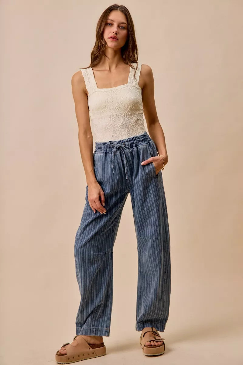 TEEK - Striped Denim Barrel Jeans Drawstring Waistband JEANS TEEK Trend