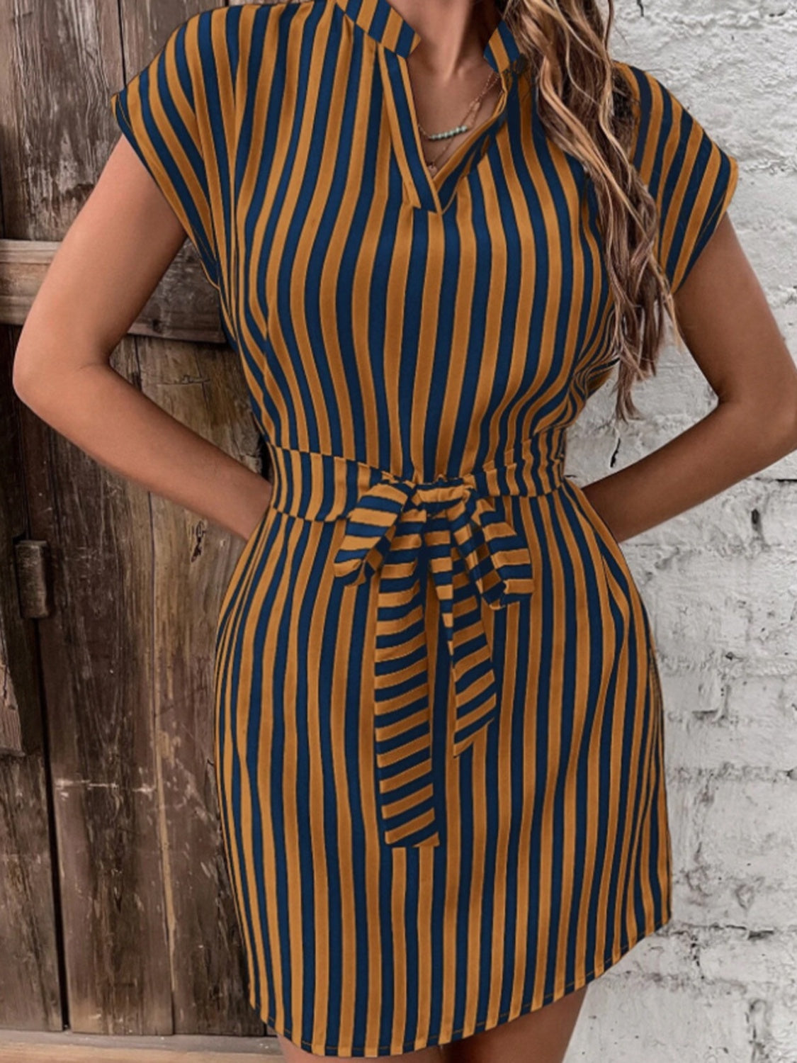 TEEK - Tied Striped Cap Sleeve Mini Dress DRESS TEEK Trend Caramel S 