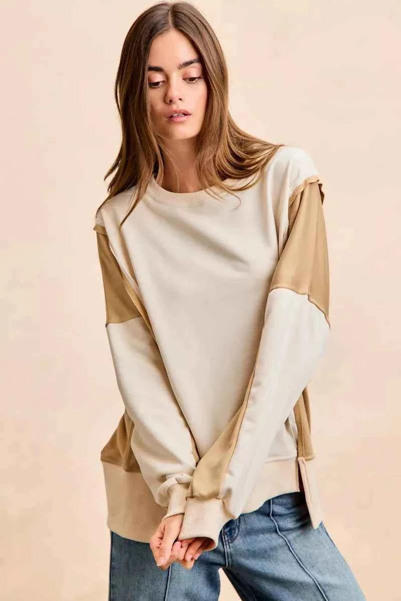 TEEK - French Terry Color Block Top With Open Seam Detail Trendsi