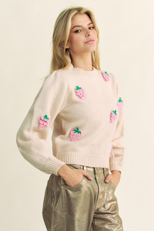 TEEK - Beige Crochet Strawberry Round Neck Sweater TOPS TEEK Trend