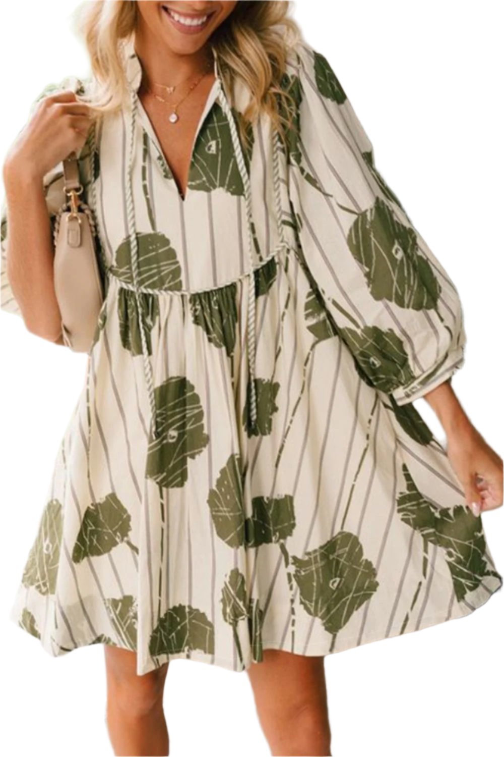 Printed Tie Neck Three-Quarter Sleeve Mini Dress TEEK Trend Matcha Green S