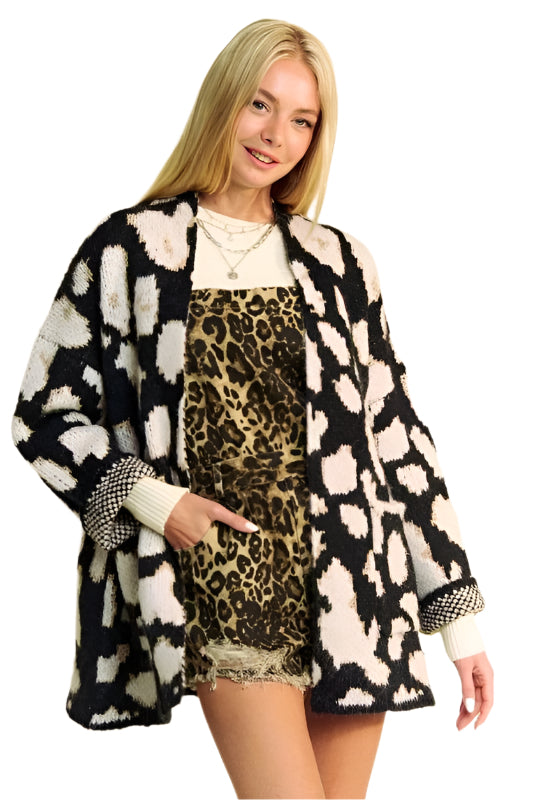 TEEK - Black Leopard Open Front Long Sleeve Cardigan SWEATER TEEK Trend S