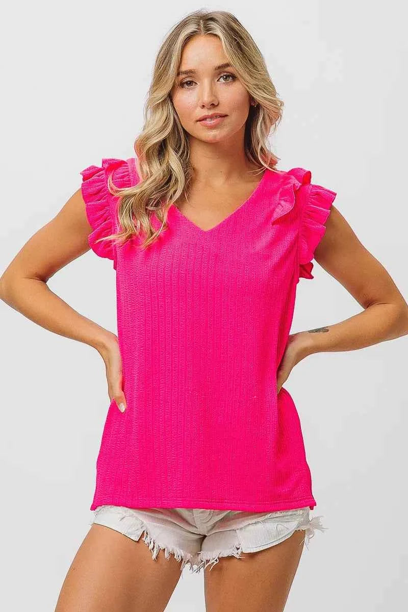 TEEK - Layered Ruffles Armhole V-Neck Rib Textured Top TOPS TEEK Trend
