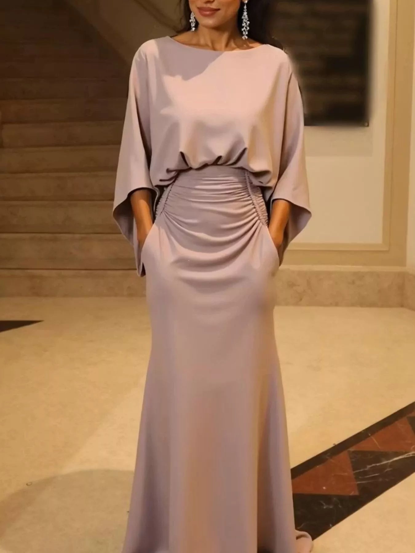 Batwing Sleeve Ruched Maxi Dress Trendsi
