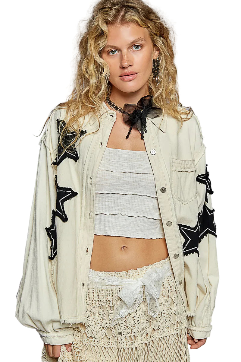 TEEK - Cream Star Patch Raw Hem Button Up Denim Jacket JACKET TEEK Trend S