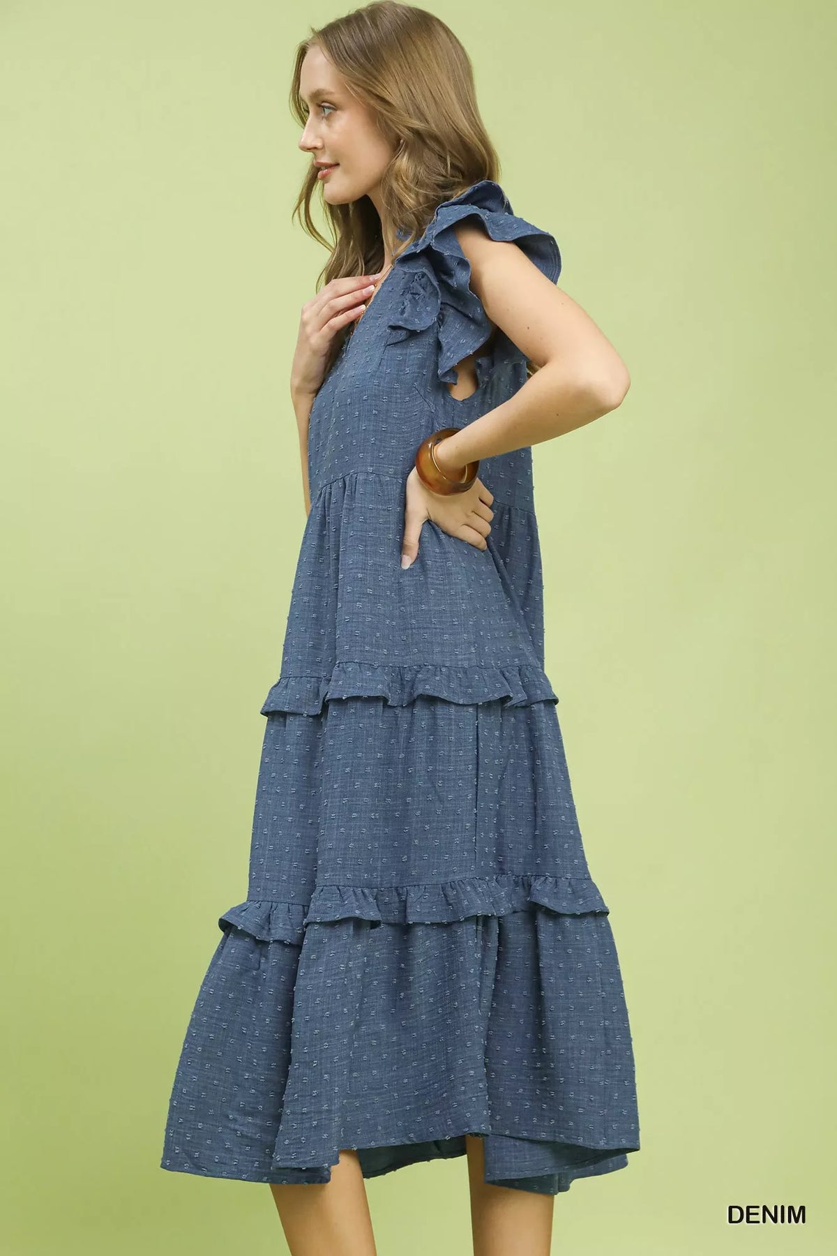 TEEK - Textured Ruffle Sleeve Tiered Midi Dress DRESS TEEK Trend