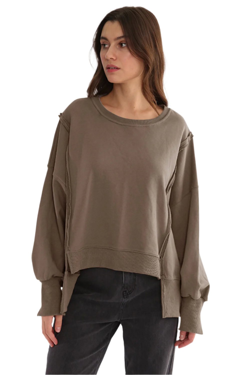 TEEK - Exposed Seam High-Low Long Sleeve Sweatshirt TOPS TEEK Trend Taupe One Size