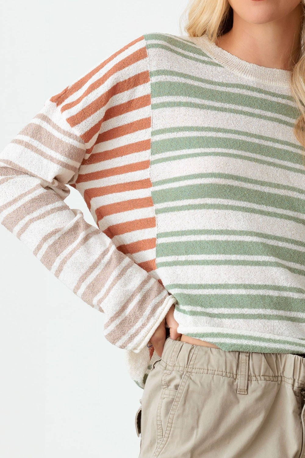TEEK - Sage Stripe Long Sleeve Relaxed Knit Top TOPS TEEK Trend   