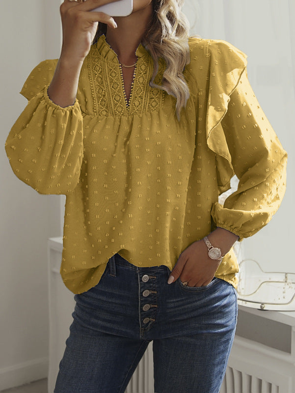 TEEK - Ruffled Lantern Sleeve Lace Top TOPS kakaclo Yellow S