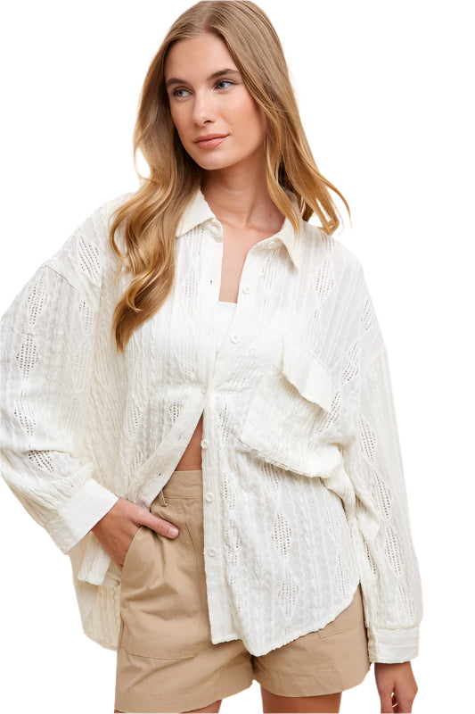 TEEK - Ivory Openwork Button Down Drop Shoulder Shirt TOPS TEEK Trend S
