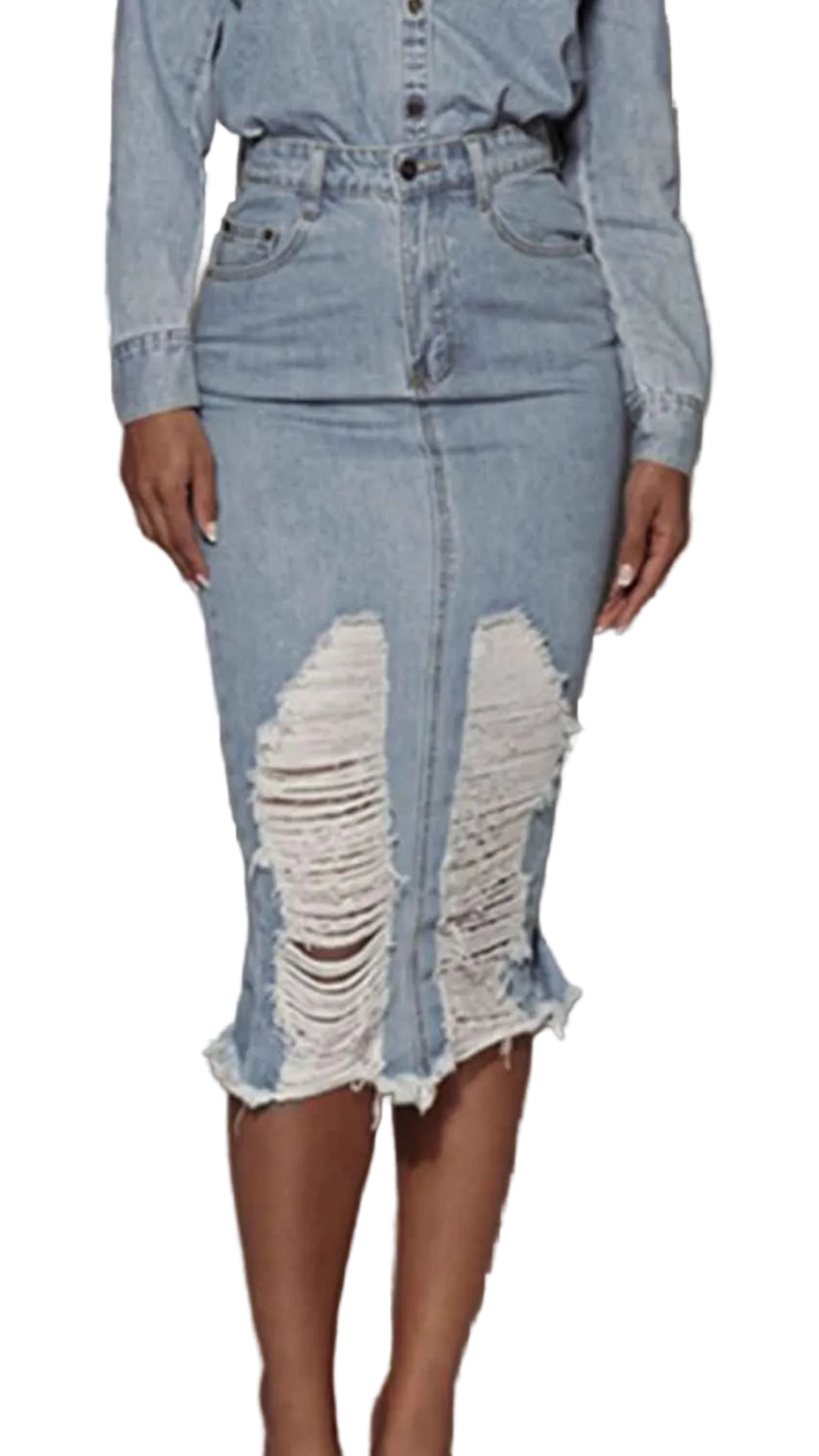 Distressed Slit Denim Skirt Trendsi Light XS