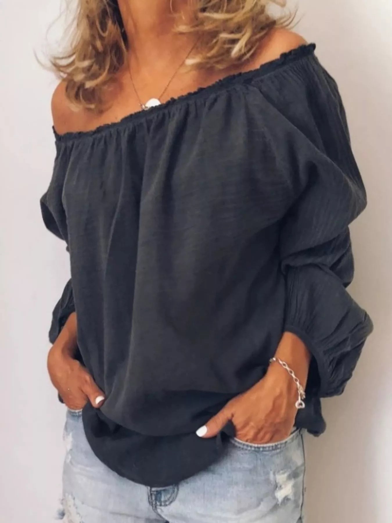 Off-Shoulder Frill Trim Blouse Trendsi Black S