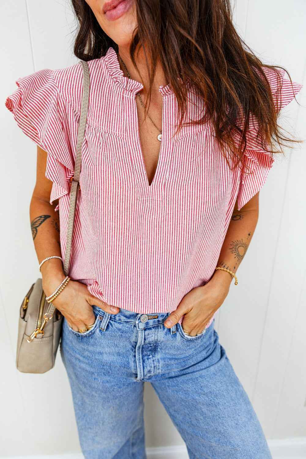 TEEK - Stripe Frilly Split Neck Double Ruffled Short Sleeve Blouse TOPS TEEK Trend