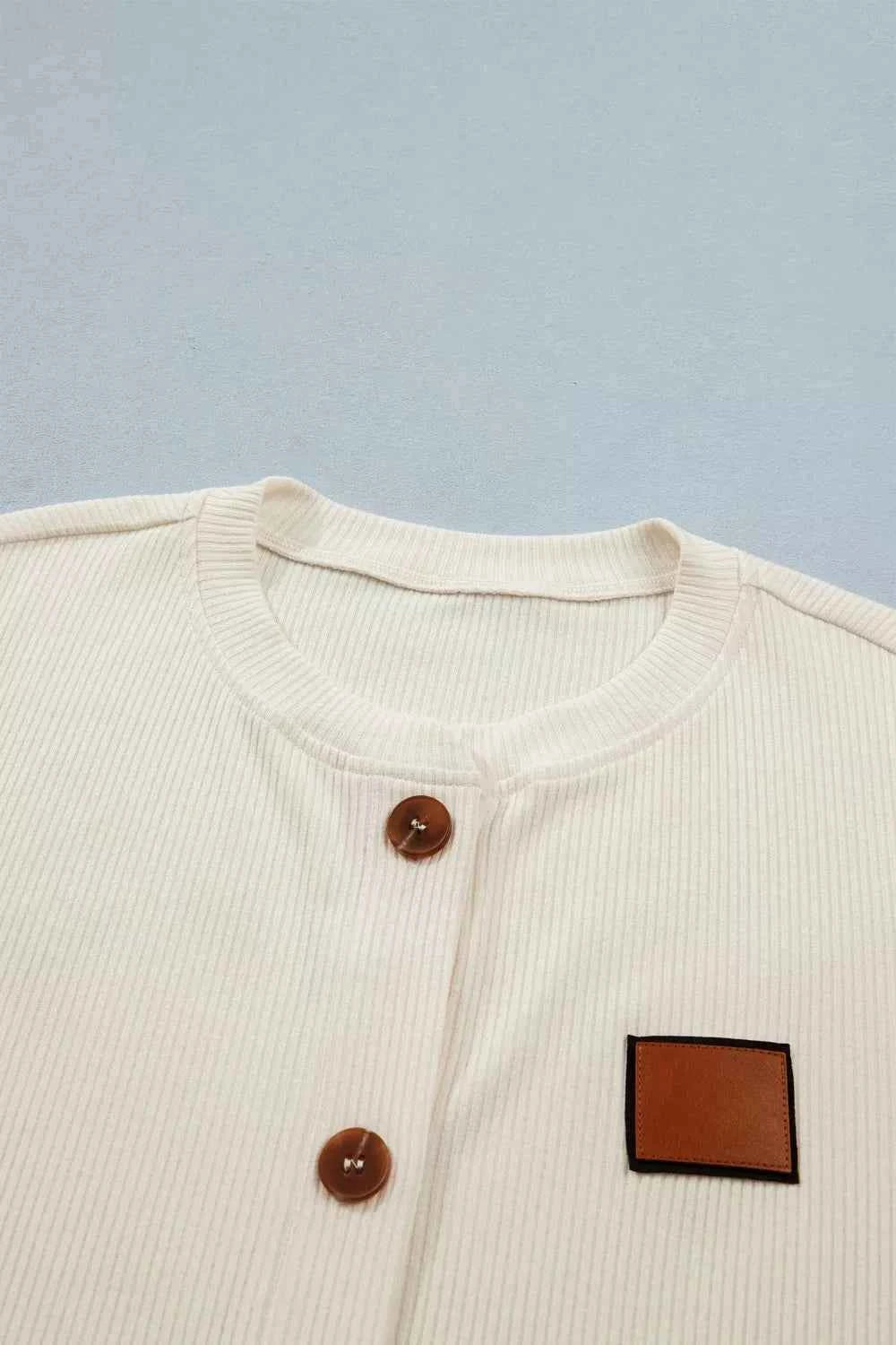 Ribbed Knit Button-Down Shirt with Denim Sleeves Trendsi