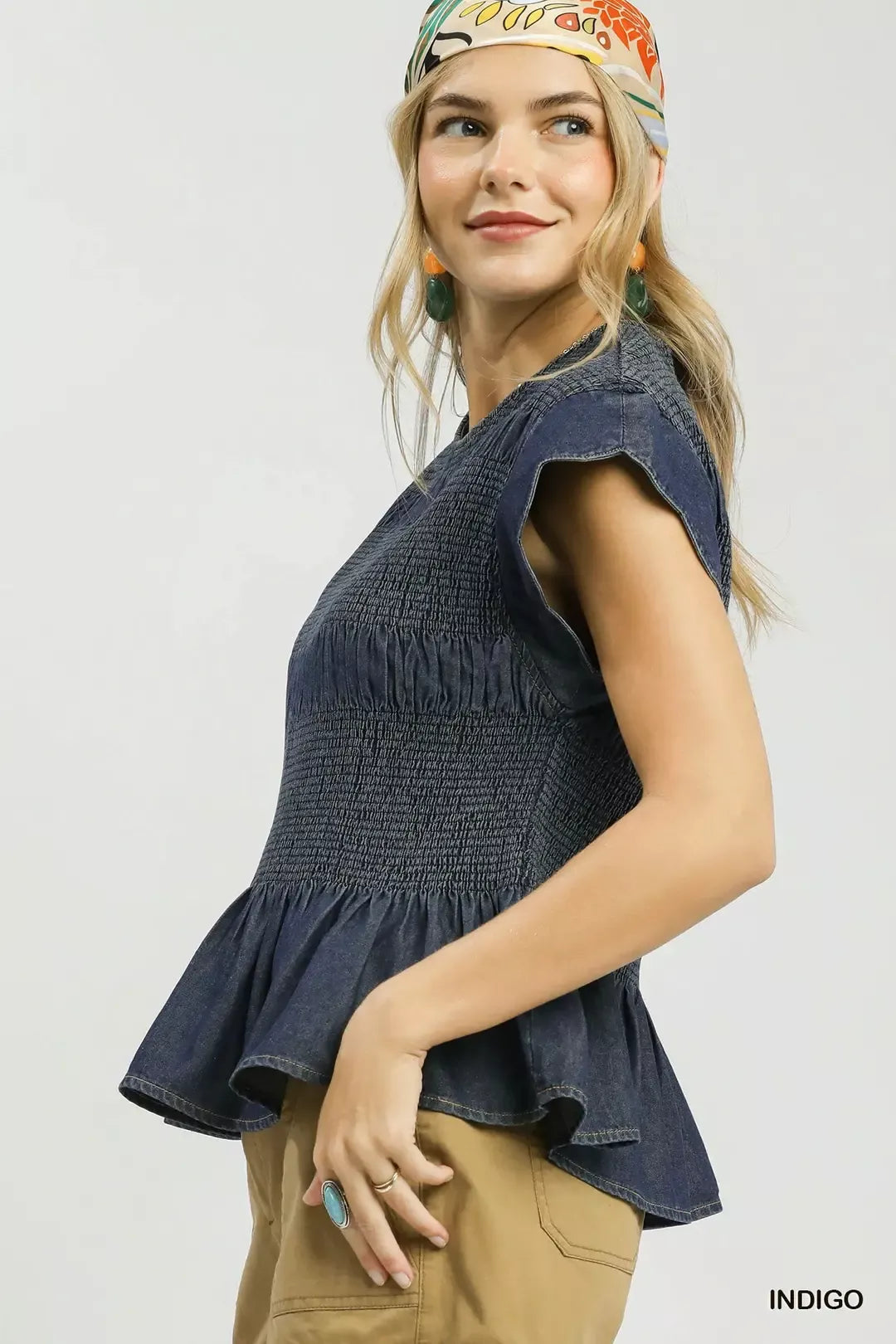 Umgee Smocked Peplum Top with Scalloped Ruffle Cap Sleeves Trendsi