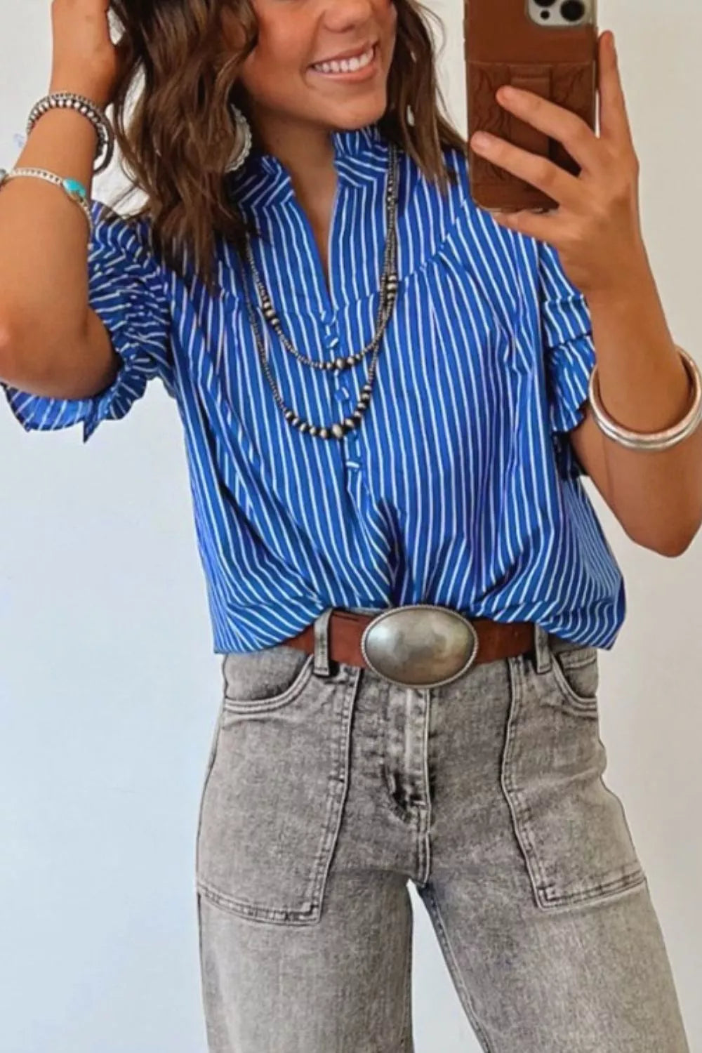 Stripe Ruffled Short Puff Sleeve Button Front Blouse Trendsi
