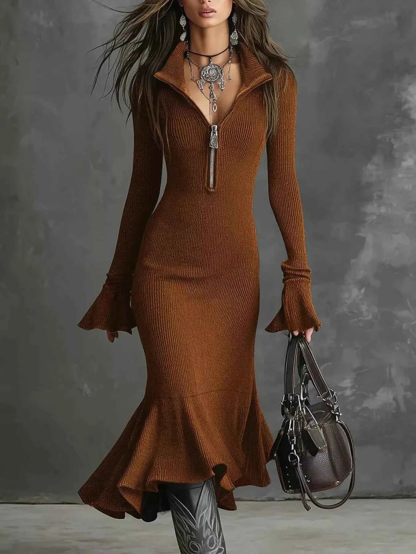 TEEK - Ribbed Knit Zip Front Flare Hem Midi Dress Trendsi Caramel Color S