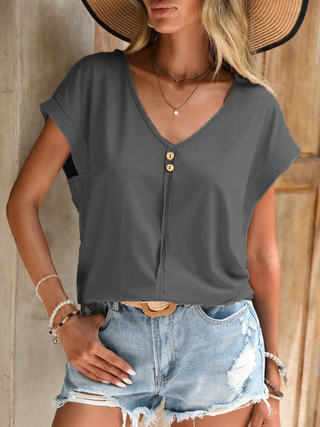 TEEK - Button V-Neck Short Sleeve Top TOPS TEEK Trend Charcoal S 