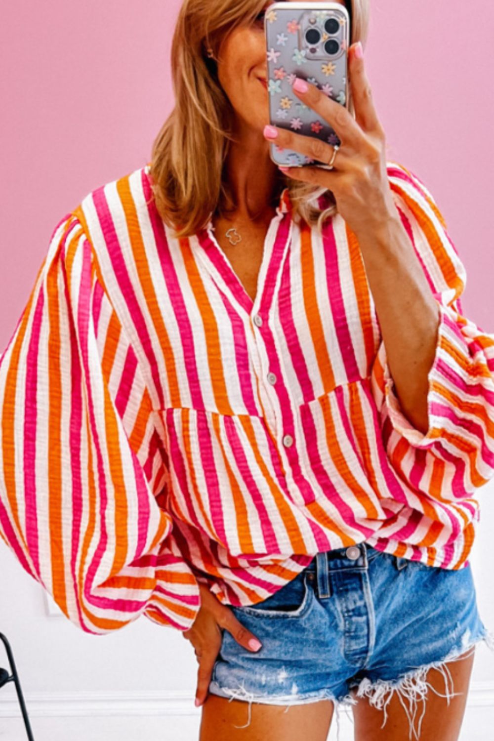 aaTEEK - Red Striped Notched Flounce Sleeve Blouse TOPS TEEK Trend