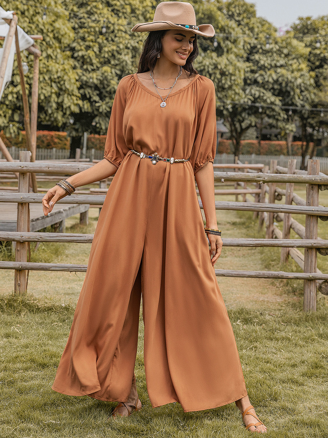 TEEK - Caramel Scoop Neck Half Sleeve Wide Leg Jumpsuit JUMPSUIT TEEK Trend   